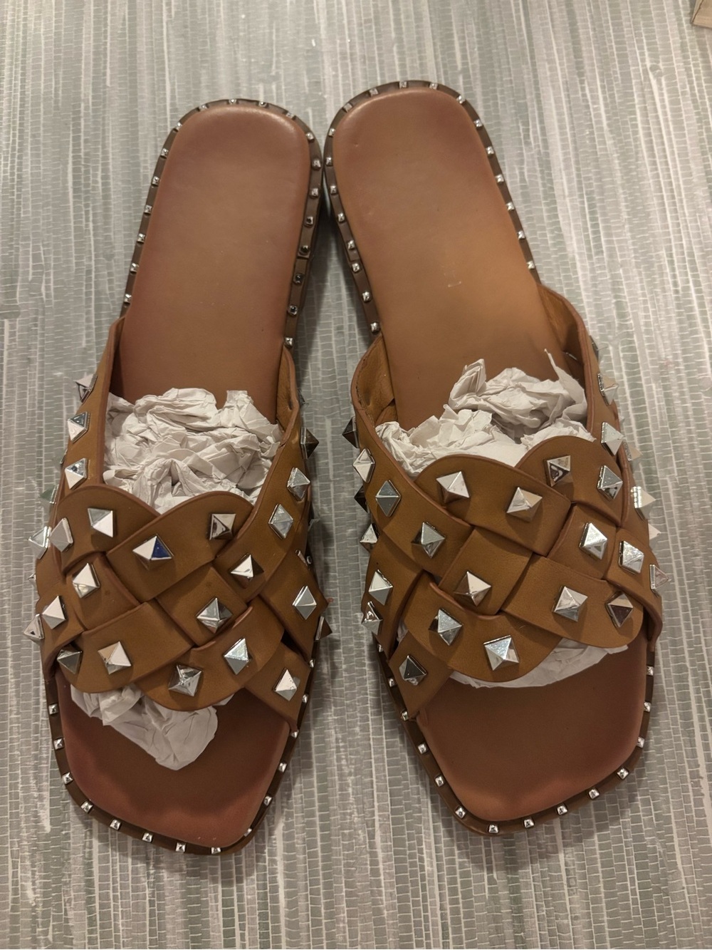 Women's Brown Studded Slide Sandals